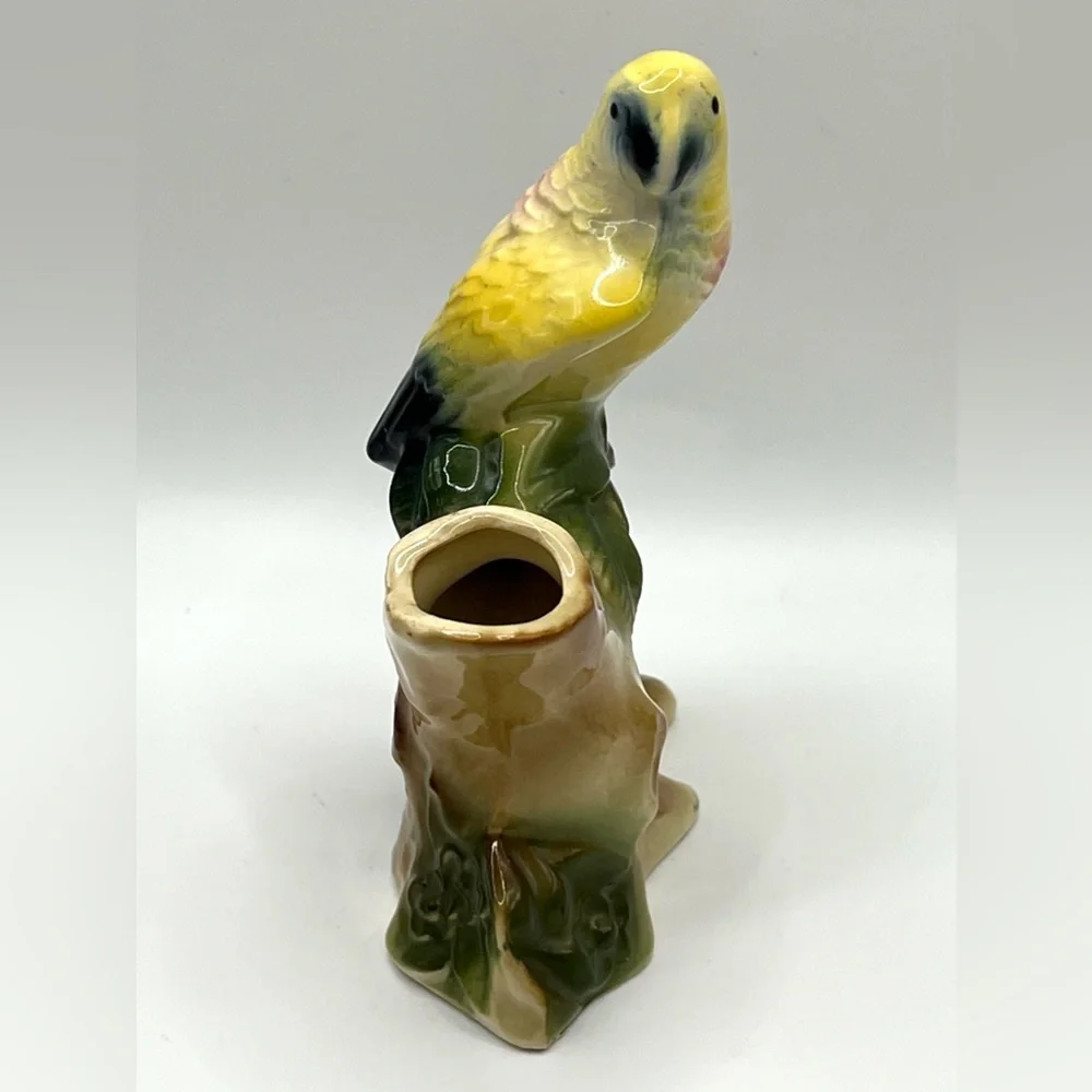 Vintage Royal Copley Yellow Parrot Bird on Tree Brunch Ceramic Vase Figurine 5